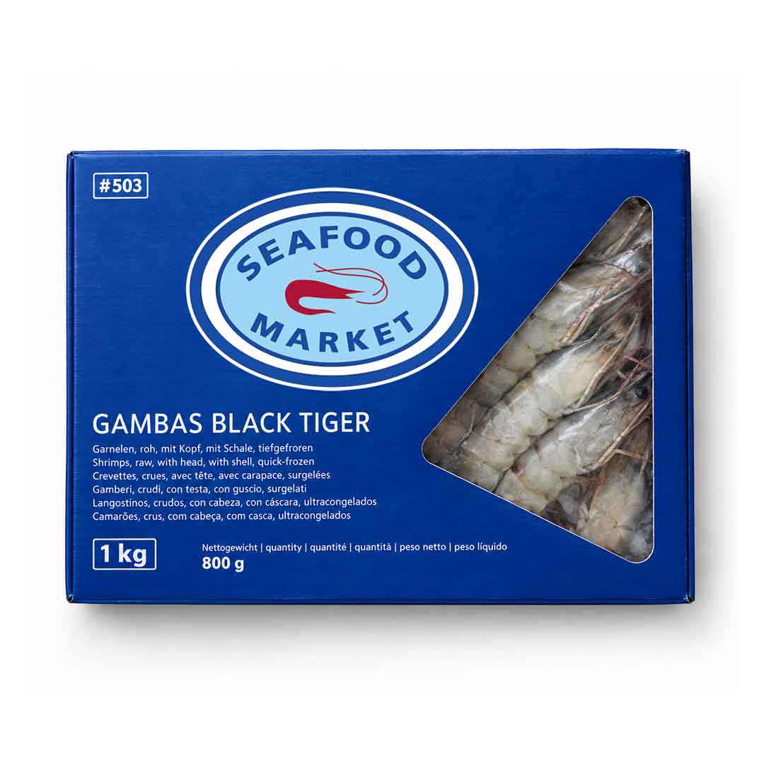 Verpackung Seafood Market Gambas 2/4 Black Tiger, rohe Black Tiger Garnelen mit Kopf und Schale, semi-IQF