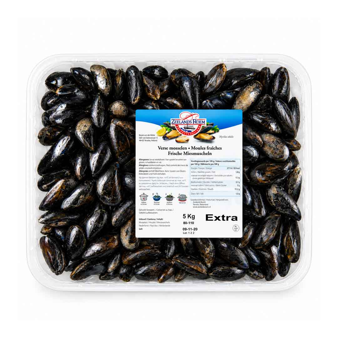 Holländische Muscheln, geputzt, als frische Miesmuscheln in Kunststoffschale – Premium-Qualität von Kagerer für Gastronomie und Lebensmittelhandel