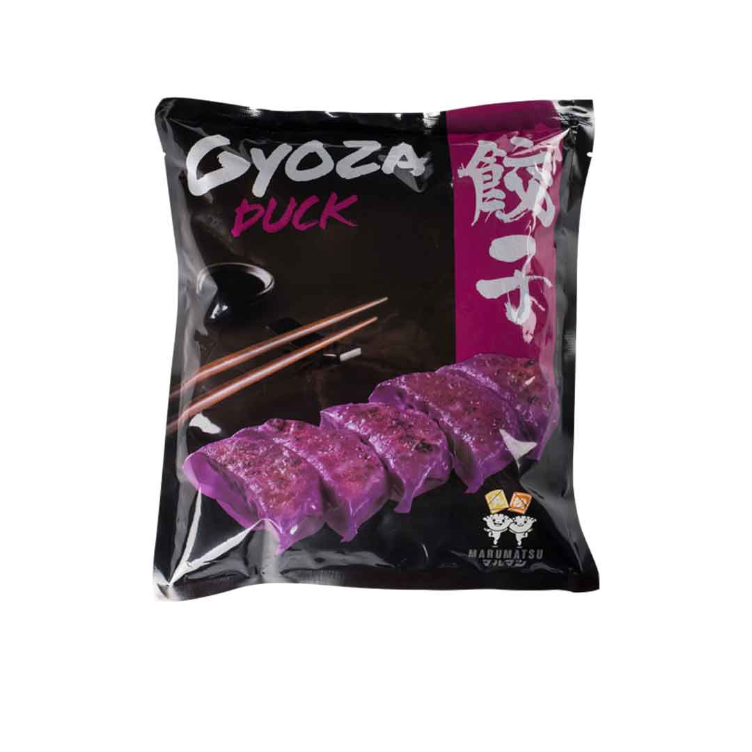 Marumatsu Gyoza Duck – asiatische Teigtaschen, gefüllt mit Entenfleisch und Gemüse, Produktverpackung
