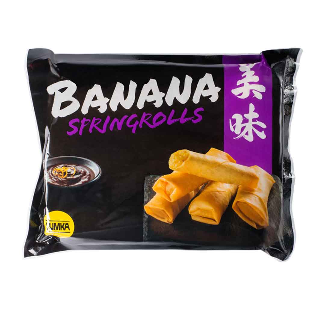 Produktverpackung JUMKA Banana Springrolls, Frühlingsrollen mit Bananenfüllung, abgebildet mit drei Rollen und Dip
