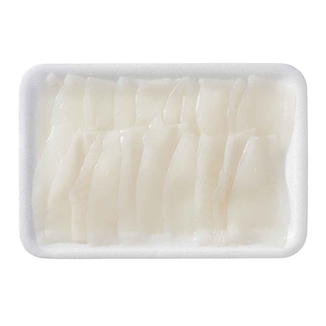 Verpackung mit rohem Tintenfisch Topping Yari Ika von Seafood Market, 20 fein geschnittene Scheiben à 8 g, ideal für Sushi und Meeresfrüchte-Gerichte