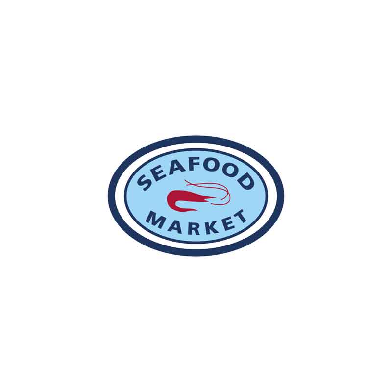 Seafood Market Logo mit roter Garnele im Oval