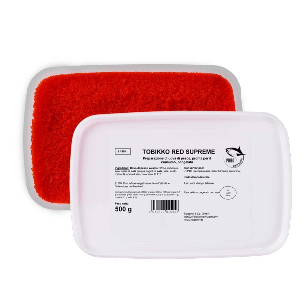 Weiße 500 g Kunststoffschale Tobikko Red Supreme mit tiefgefrorenem roten Fischrogen, geeignet als Belag für Sushi und Sashimi