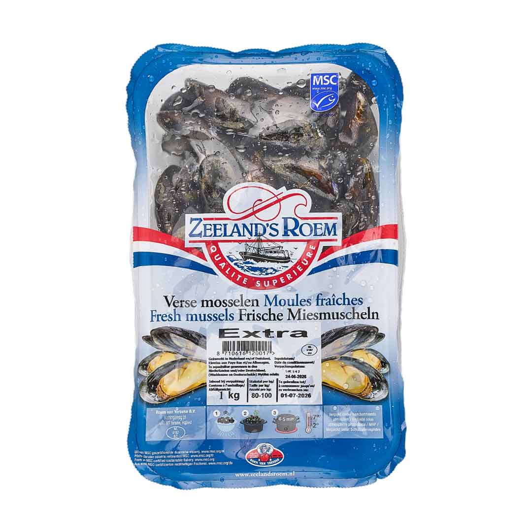 Verpackung Zeeland's Roem frische Miesmuscheln Extra, 1 kg, MSC-zertifiziert, schwarze Muscheln in versiegeltem Beutel