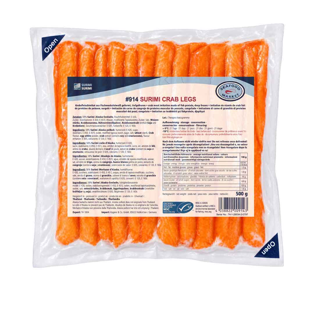 Vakuumverpackte Surimi Crab Legs von Seafood Market, Krebsfleischimitat aus Fischmuskeleiweiß, 77–83 mm