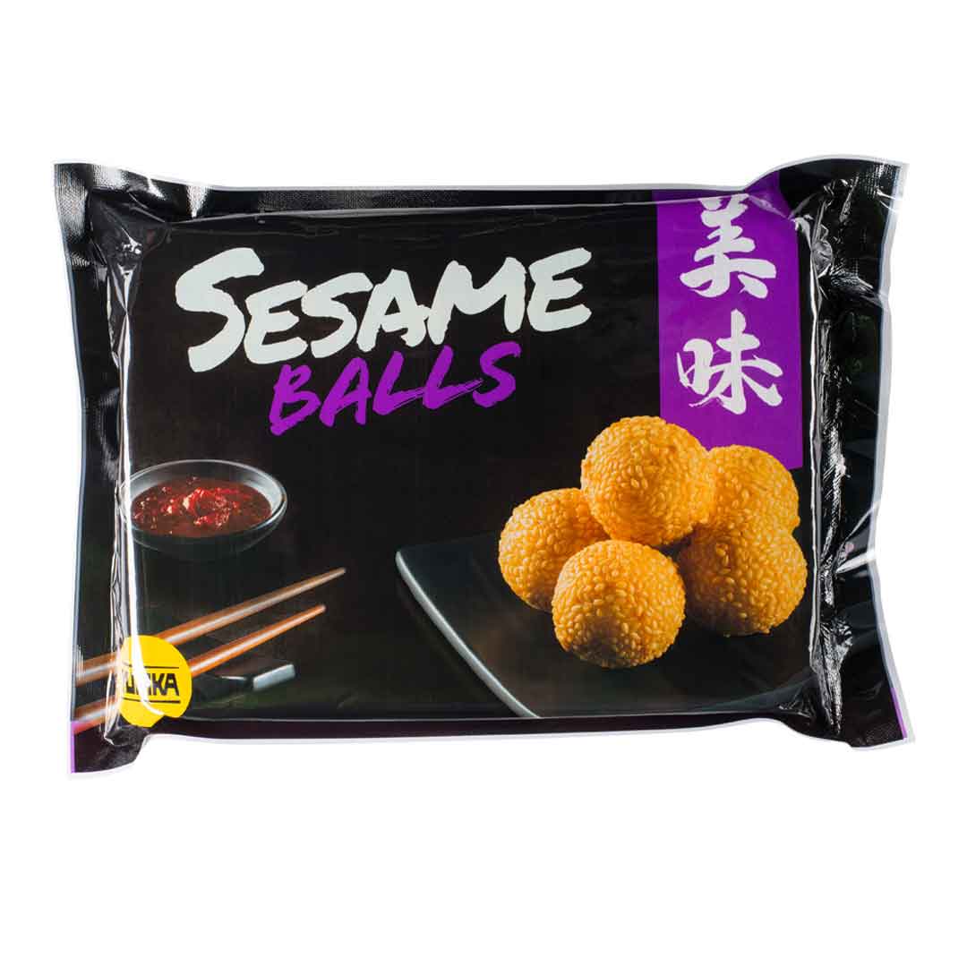 Yumka Sesambällchen: Teigbällchen mit Sesam, ca. 24 Stück pro Packung, gefüllt mit roter Bohnenpaste – Produktverpackung