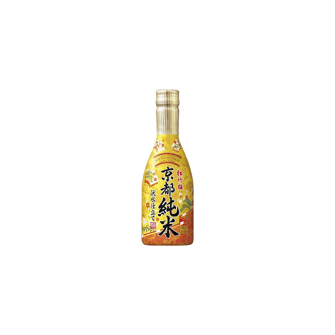 Goldene Flasche japanischer Sake mit Schriftzeichen