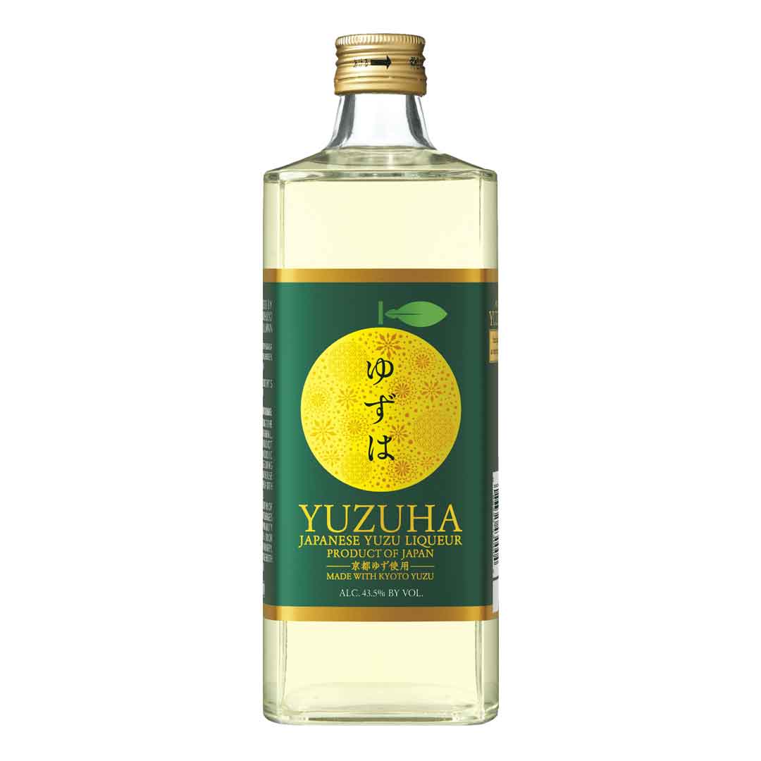 Produktabbildung der Flasche Takara Yuzu Likör Yuzuha mit grün-goldenem Etikett, Yuzu-Motiv und 43,5 % vol Yuzu-Aroma-Likör