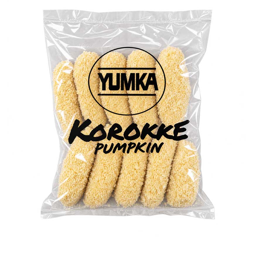 Verpackung von Yumka Korokke Pumpkin mit 10 panierten Kürbiskroketten zum Frittieren in transparenter Packung