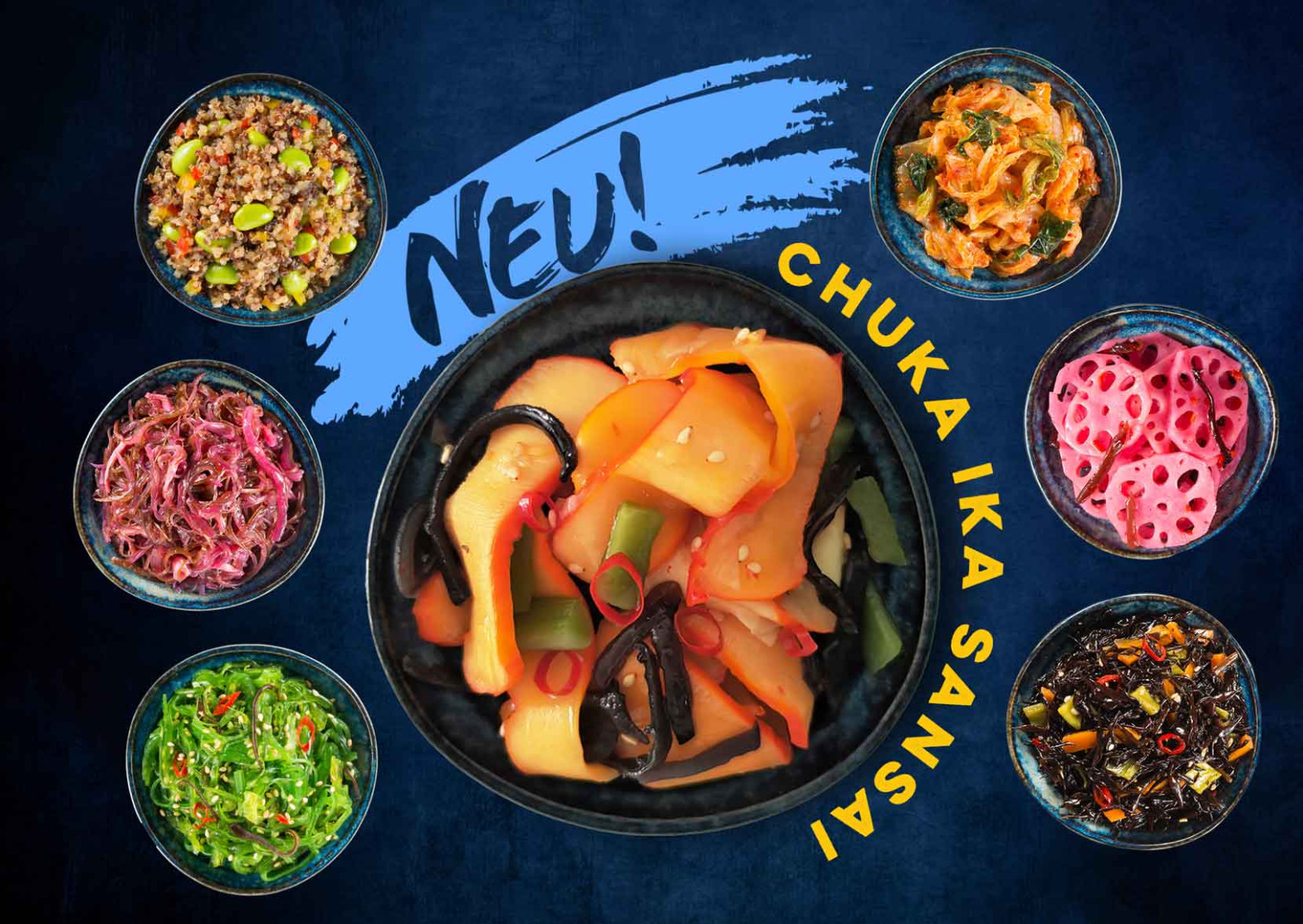 Bunte Schale Chuka Ika Sansai mit japanischen Beilagen