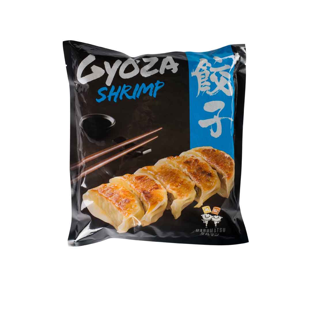 Verpackung „Gyoza Shrimp“: japanische Teigtaschen mit Garnelenfüllung, tiefgekühlt, Produktfoto
