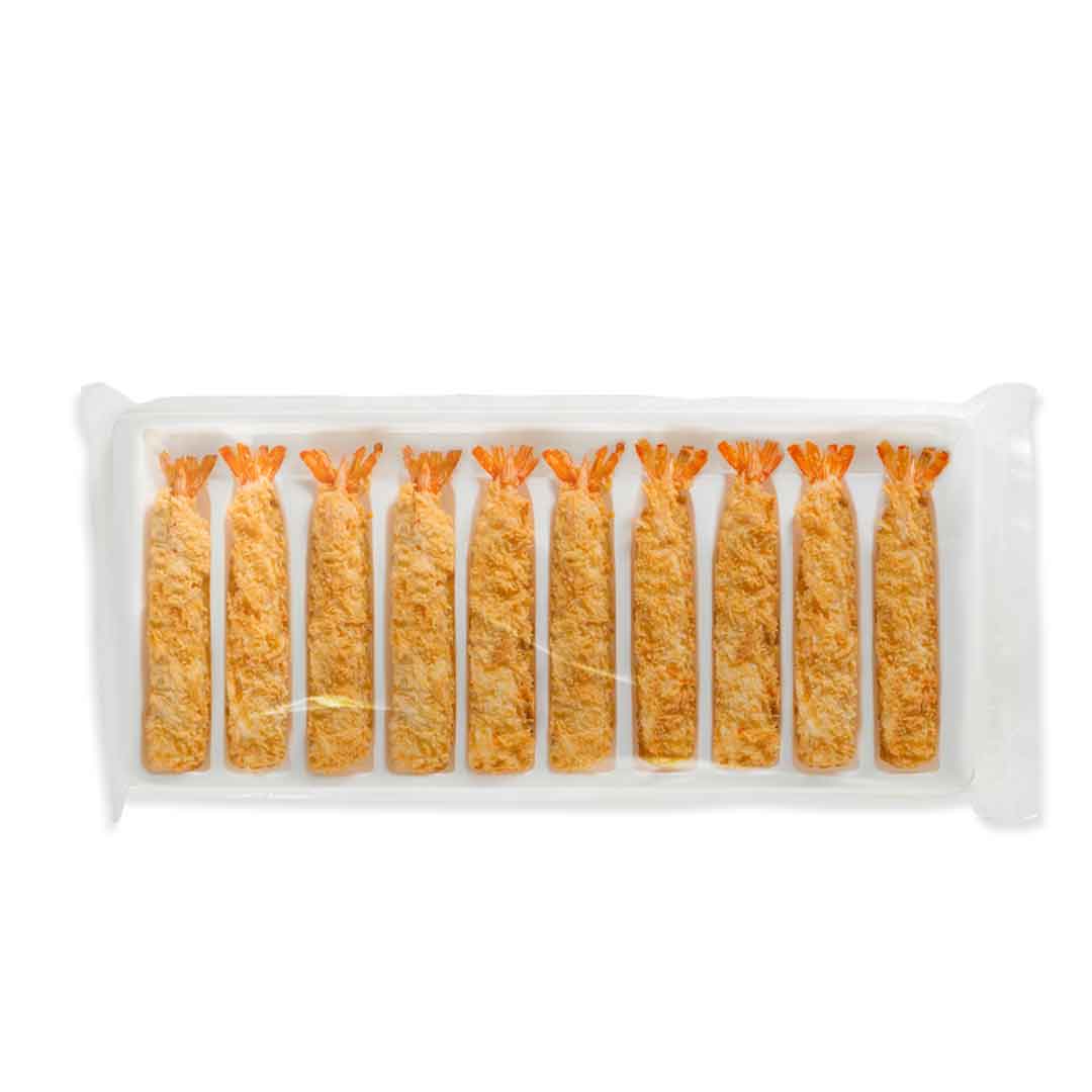 Tray mit 10 Ebi Fry Garnelen, paniert und frittiert, mit Schwanzsegment, Größe 21/25 (Seafood Market)