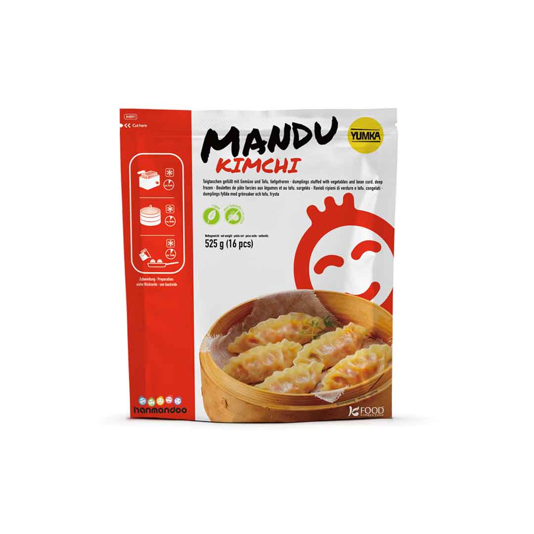 Packung Hanmandoo Mandu Kimchi: koreanische Mandu-Teigtaschen, gefüllt mit würzigem Kimchi, 525 g (16 Stück)