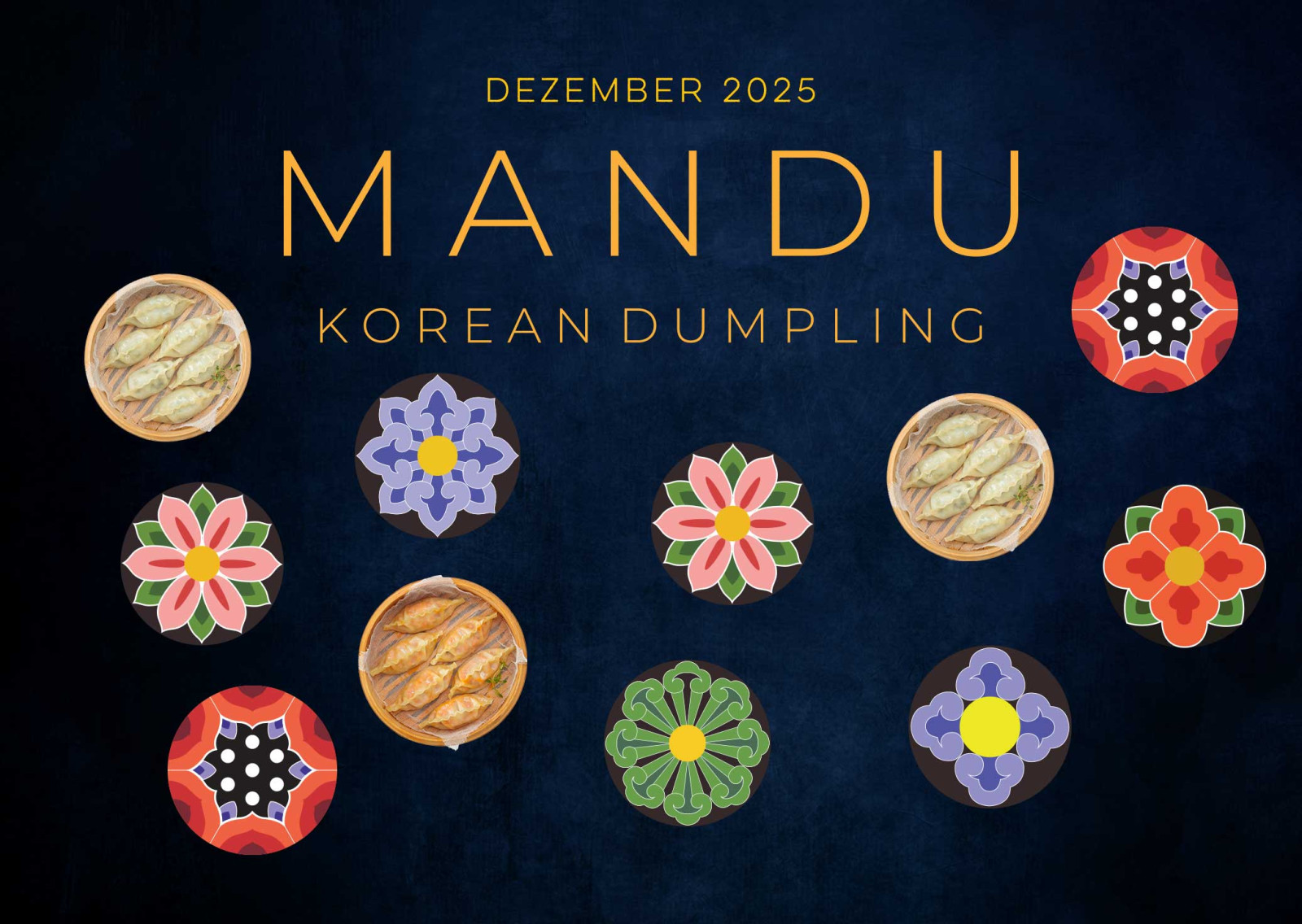 Grafik mit Mandu Teigtaschen und Muster im Dezember 2025