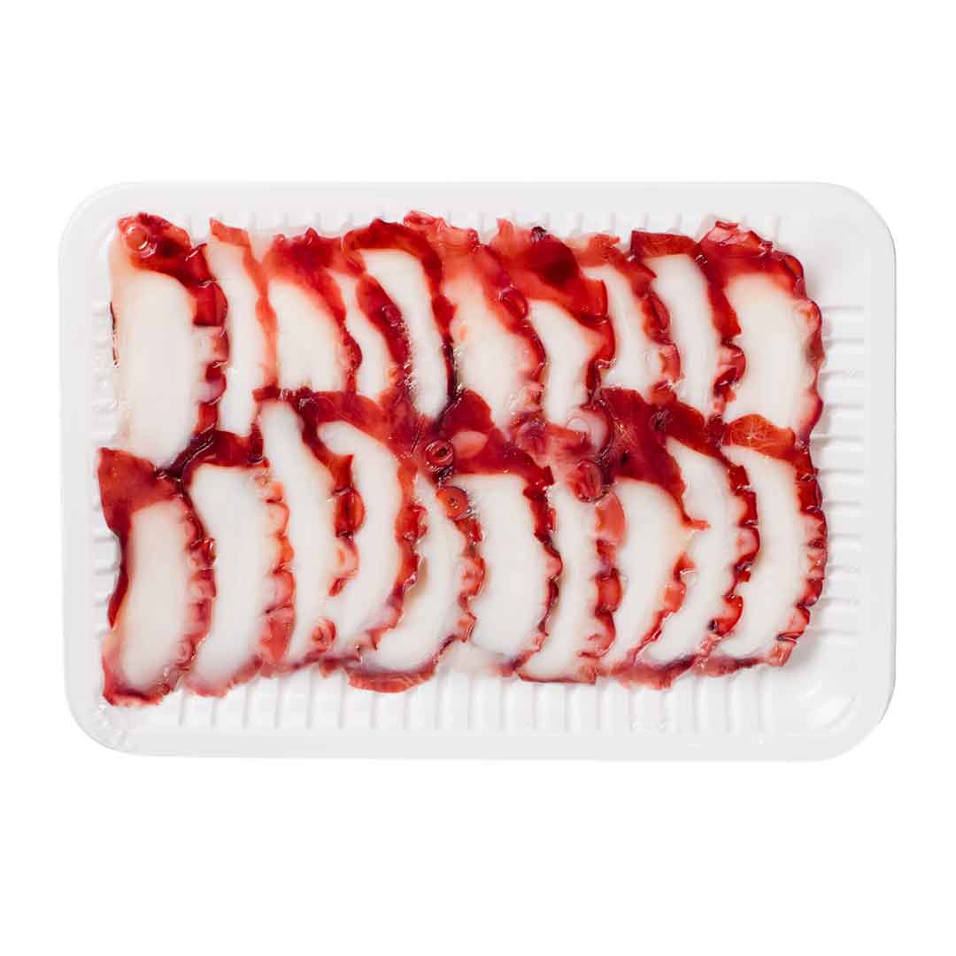 Verpackung mit dünn geschnittenem Oktopus Topping (Tako), 20 gekochte Scheiben à 8 g von Seafood Market, ideal als Sushi- oder Meeresfrüchte-Topping