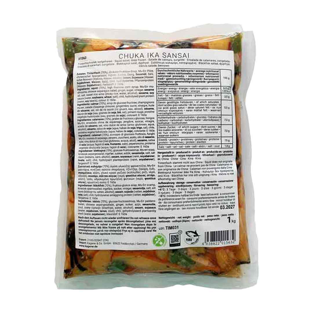 Rückseite der Puro Chuka Ika Sansai Verpackung mit Zutatenliste und Nährwertangaben für den asiatischen Tintenfisch-Gemüse-Salat als Tiefkühlprodukt