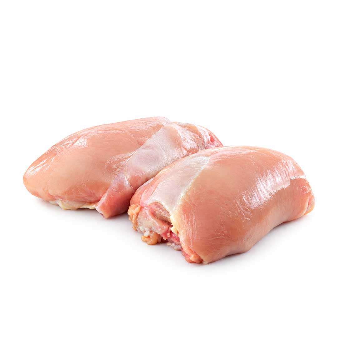 Zwei Stücke rohes Hähnchen Beinfleisch ohne Knochen und ohne Haut, frisch vom Fachhändler für Gastronomie und Lebensmittelhandel